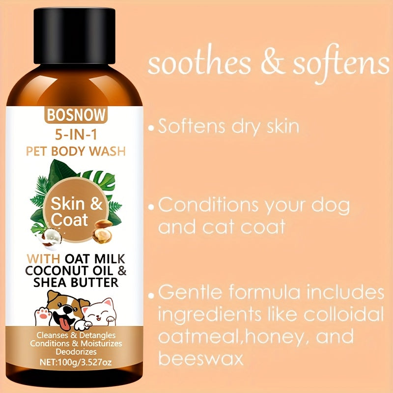Gel douche 5 en 1 pour animaux, nettoyage doux à l'avoine, à l'huile de coco et au beurre de karité, parfum rafraîchissant, soin des poils, pelage lisse et brillant, facile à peigner, douceur longue durée - Convient à tous les animaux, stade adulte