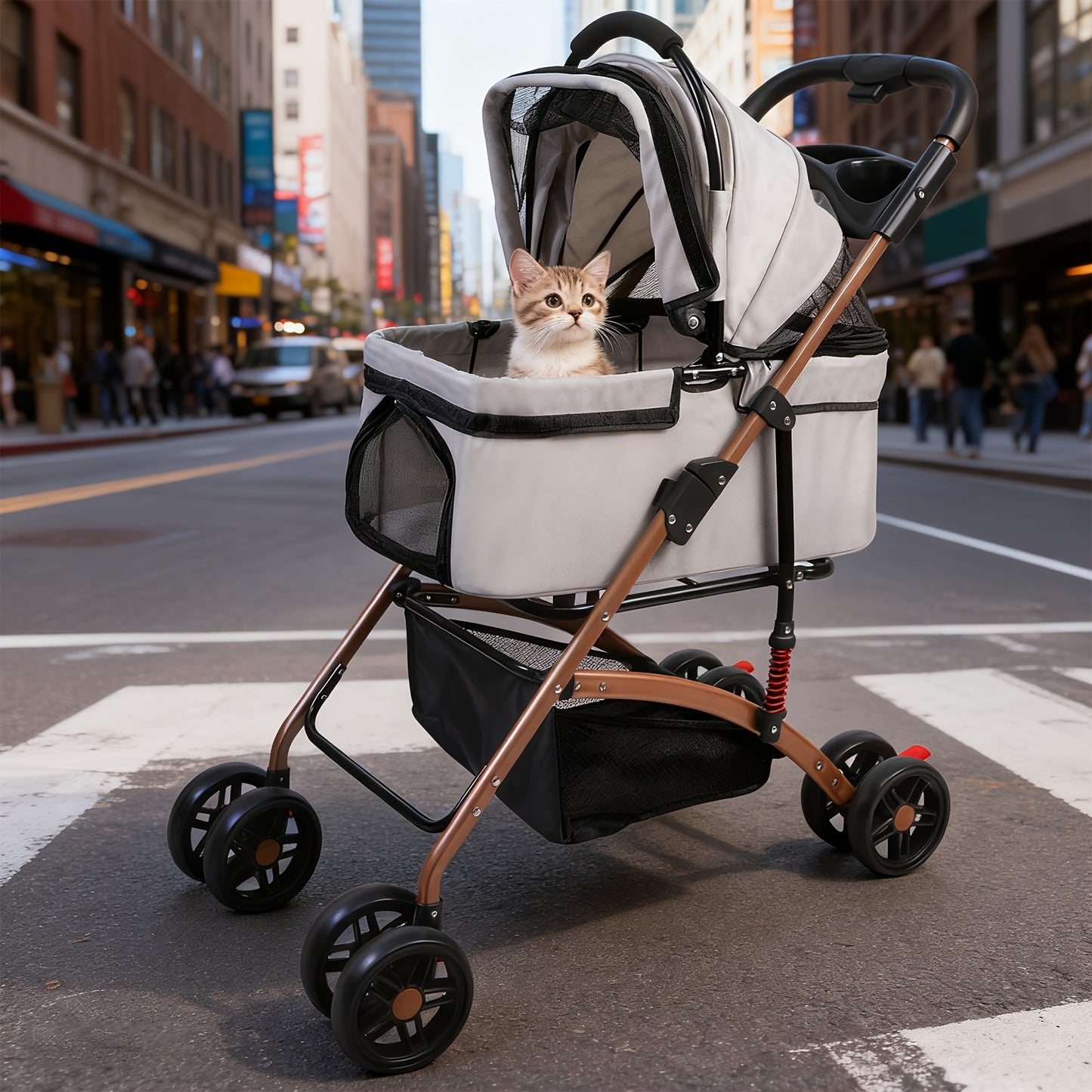 Poussette pour chien et chat 2 en 1, multifonctionnelle avec 4 doubles roues, tout terrain, panier amovible, pliable et compacte, en maille respirante, jusqu'à 25 kg, grise