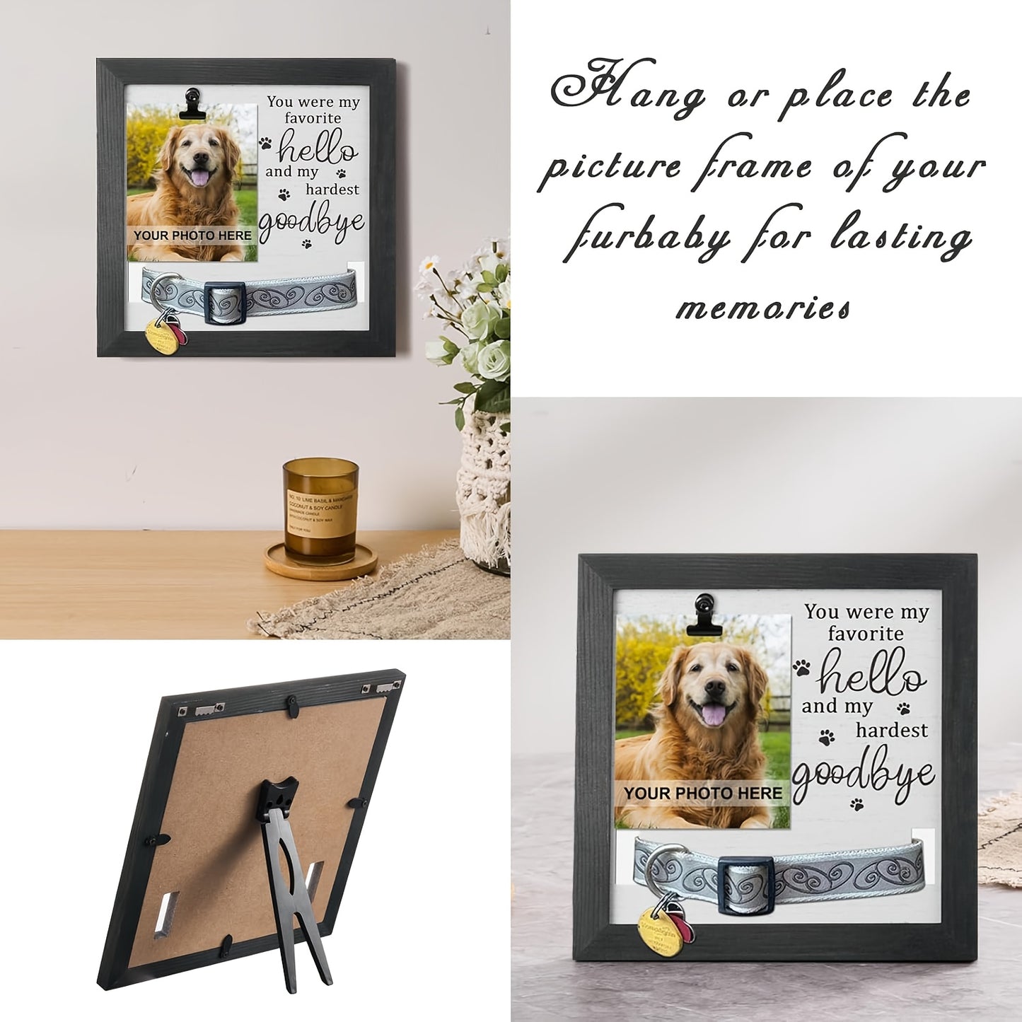 Cadre photo commémoratif en bois pour animaux de compagnie, avec gravure « Favorite Hello and Hardest Goodbye », emplacement pour une photo et un emplacement pour accrocher le collier de votre animal disparu