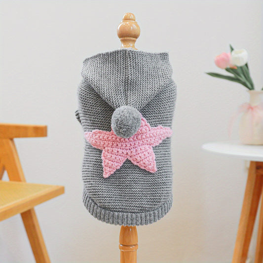 Pull à capuche tricoté pour chien, gris avec étoile rose dans le dos, pompon sur la capuche, bien chaud, facile à enfiler