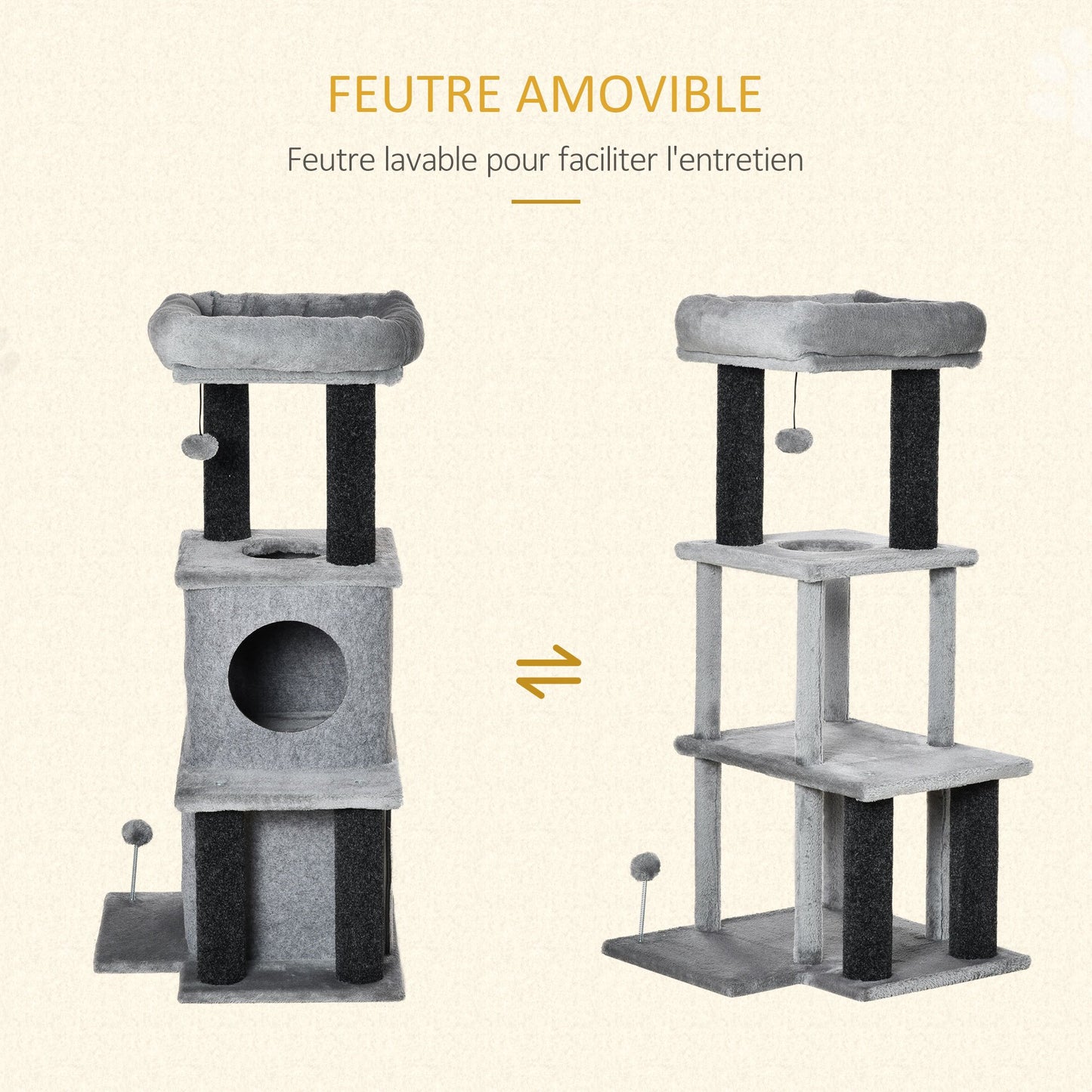 Arbre à chat avec nids, plateformes, lit, balles, feutre lavable et amovible, peluche courte, gris