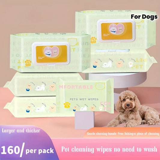 160 lingettes pour chiens et chats, bain sans rinçage, lingettes humides nettoyantes pour pattes, poils, taches de larmes et usage quotidien, lingettes jetables