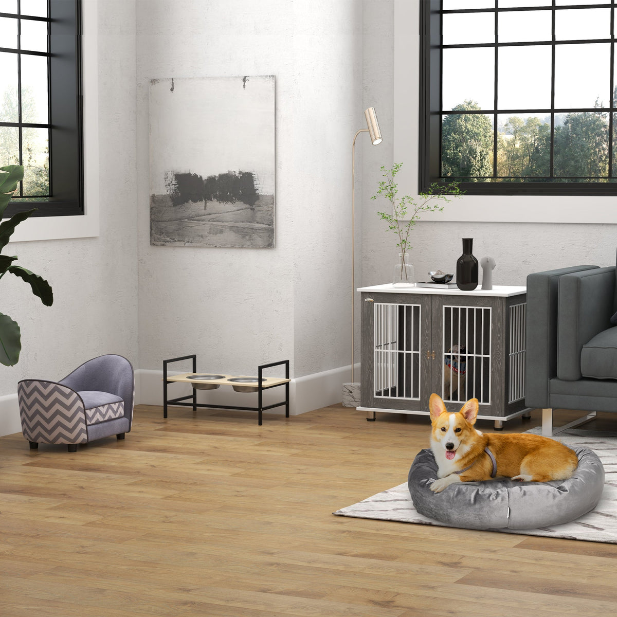 Canapé rembourré gris & blanc – Chien & chat – photo produit 8