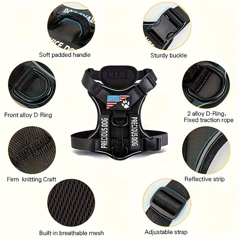 Service Dog Harness, Reflective Dog Vest Harness with 5pcs Patches, Adjustable Soft Oxford Pet Harness, Inner Layer Mesh, Easy to Control for Small Medium Large Dogs Random Buckle