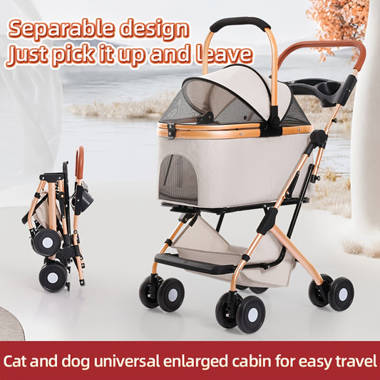 Poussette pour chien et chat 2 en 1, multifonctionnelle avec 4 doubles roues, tout terrain, panier amovible, pliable et compacte, en maille respirante, diverses couleurs