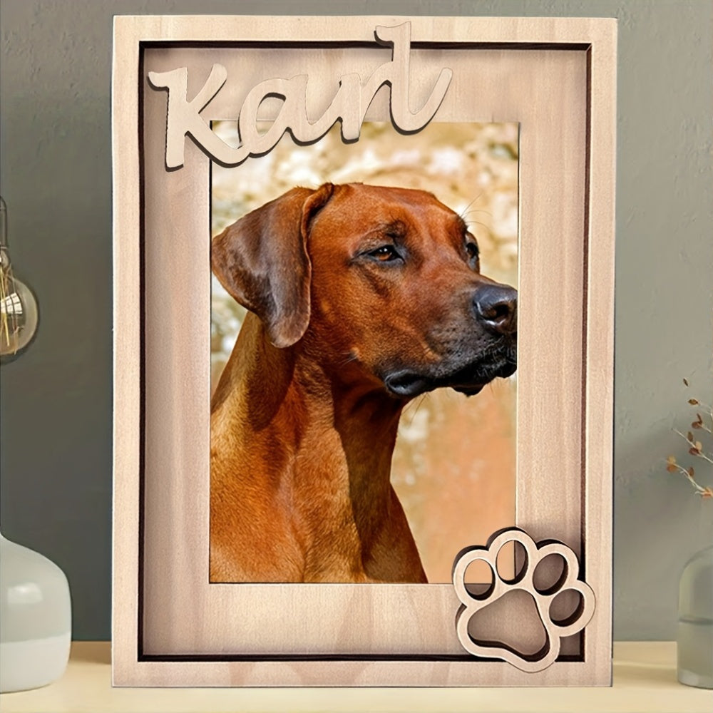 Cadre photo personnalisé pour animaux de compagnie avec nom et empreinte de pattes, en bois