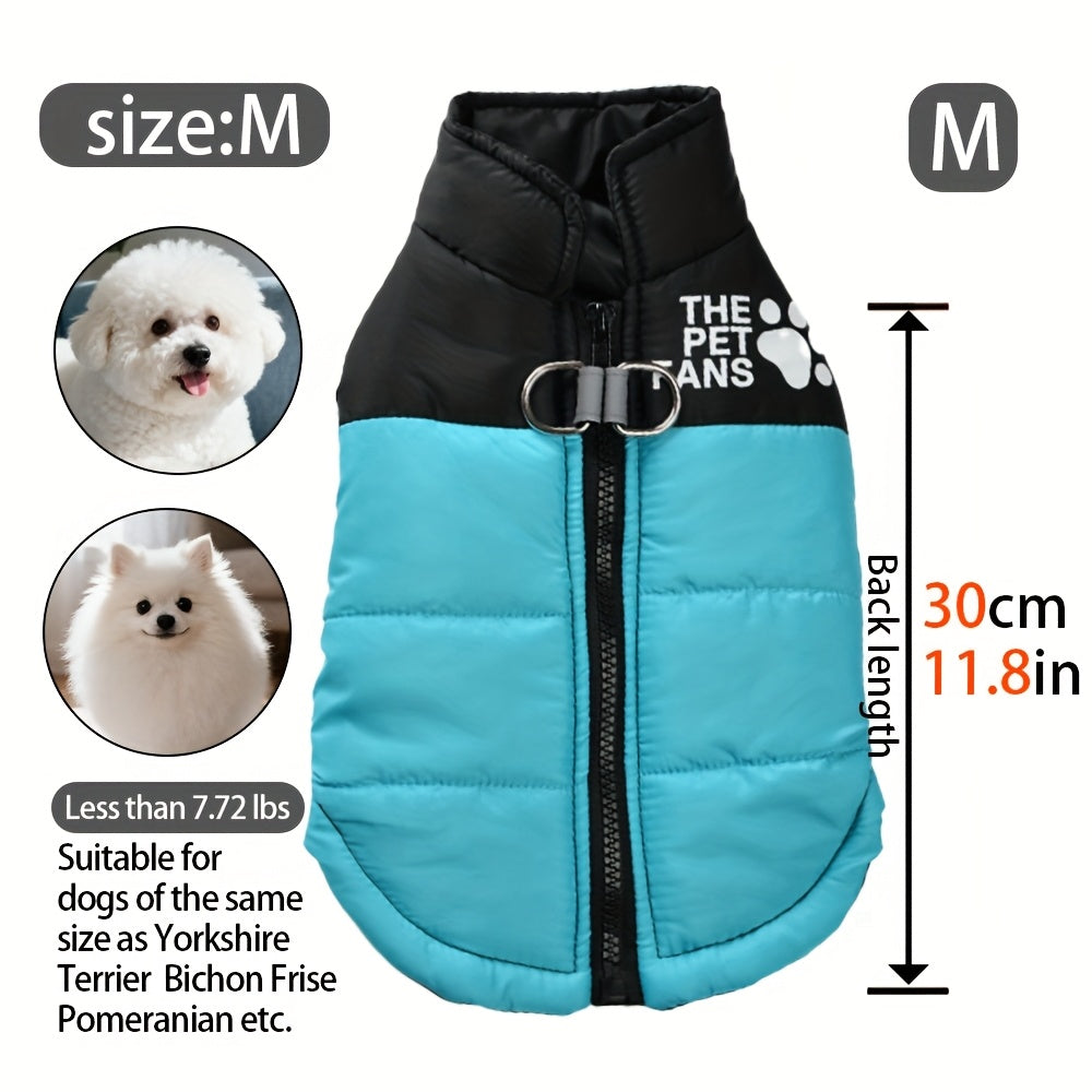 Veste pour chien toutes tailles Manteau d'hiver chaud avec fermeture éclair sur toute la longueur et col imprimé pattes - Turquoise et noir Manteau léger pour chiens de petite, moyenne et grande taille - Pull facile à enfiler et à retirer