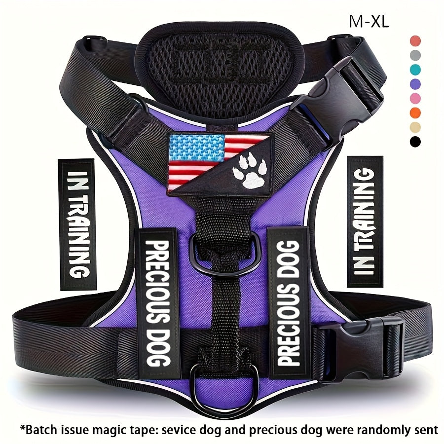 Service Dog Harness, Reflective Dog Vest Harness with 5pcs Patches, Adjustable Soft Oxford Pet Harness, Inner Layer Mesh, Easy to Control for Small Medium Large Dogs Random Buckle