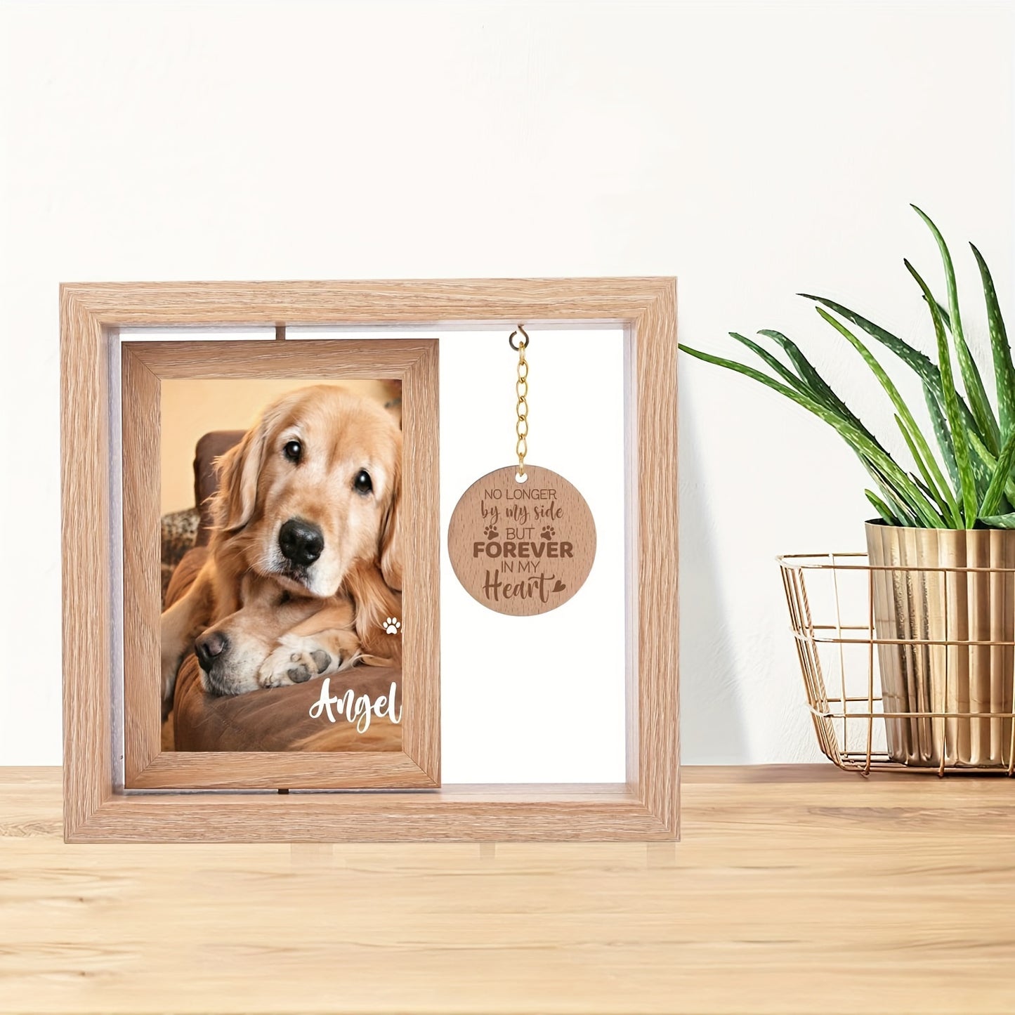 Cadre photo en bois avec pendentif commémoratif pour animaux de compagnie - Double face pour honorer chiens et chats - Un souvenir gravé avec « Forever in My Heart »