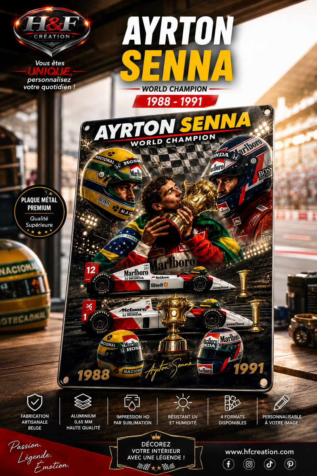 Plaque métal Ayrton Senna – World Champion 1988-1991