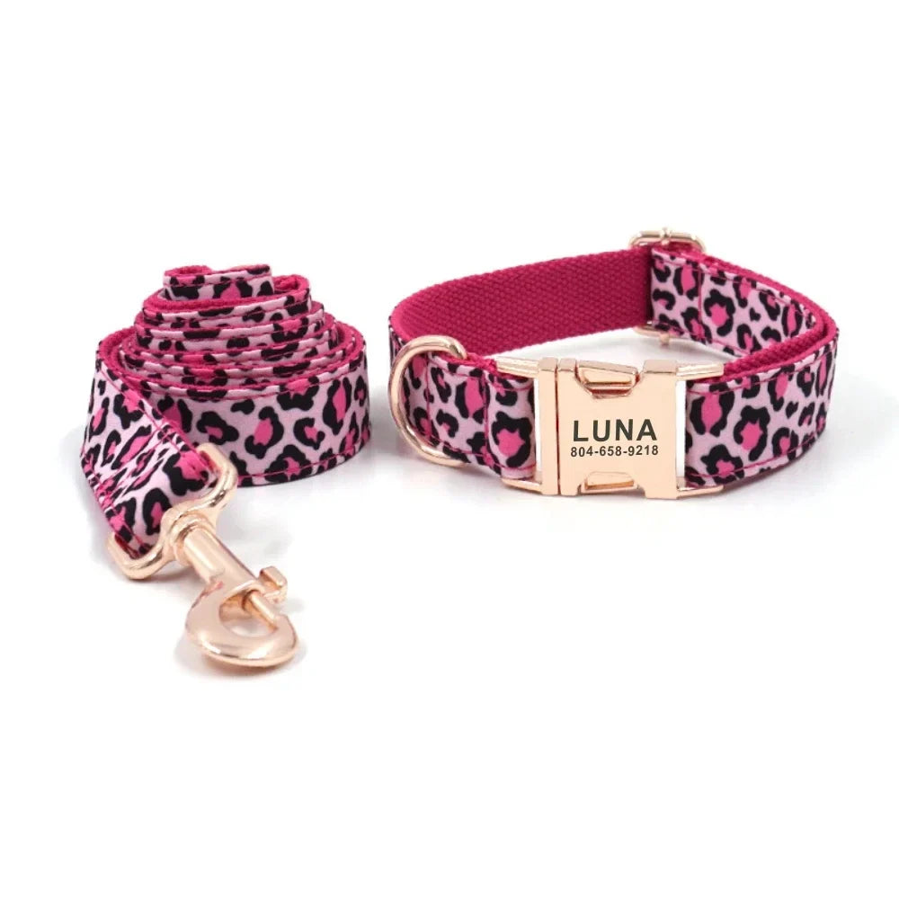 Collier + laisse léopard rose – Gravure personnalisée – vue principale