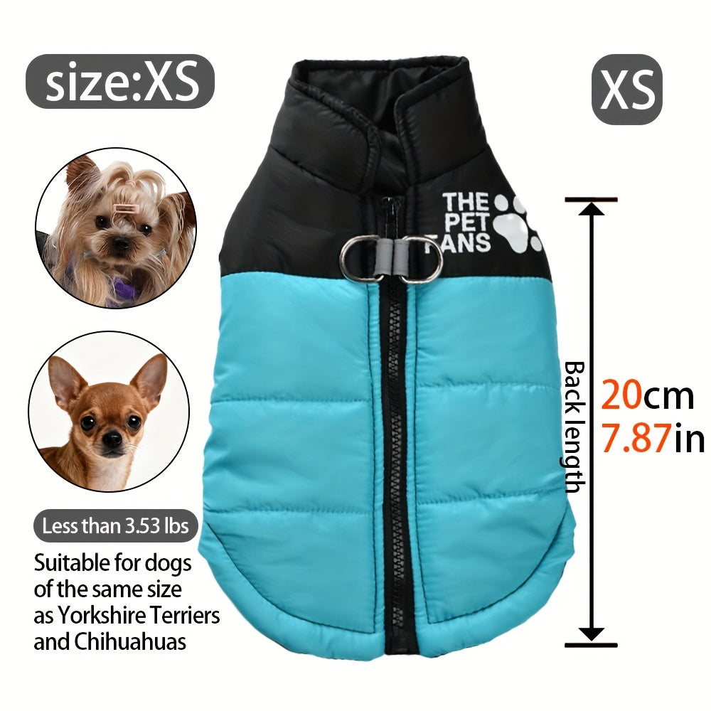 Veste pour chien toutes tailles Manteau d'hiver chaud avec fermeture éclair sur toute la longueur et col imprimé pattes - Turquoise et noir Manteau léger pour chiens de petite, moyenne et grande taille - Pull facile à enfiler et à retirer