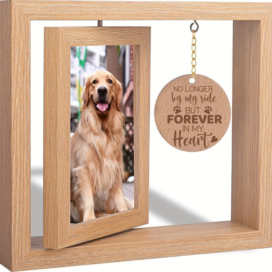 Cadre photo en bois avec pendentif commémoratif pour animaux de compagnie - Double face pour honorer chiens et chats - Un souvenir gravé avec « Forever in My Heart »