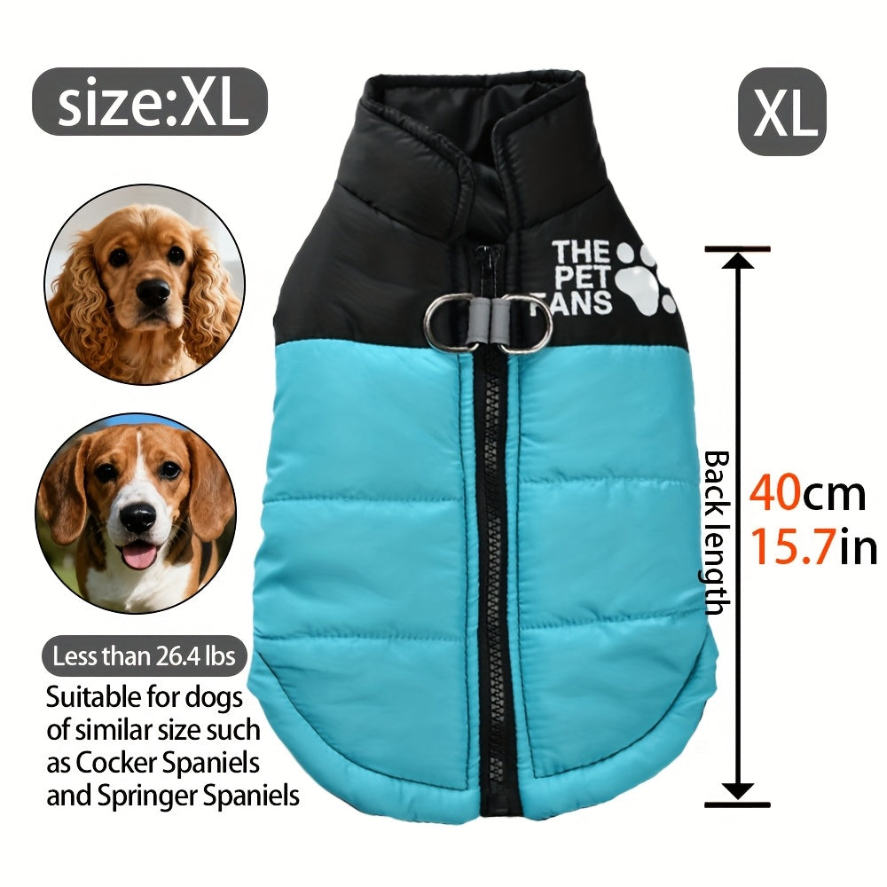 Veste pour chien toutes tailles Manteau d'hiver chaud avec fermeture éclair sur toute la longueur et col imprimé pattes - Turquoise et noir Manteau léger pour chiens de petite, moyenne et grande taille - Pull facile à enfiler et à retirer