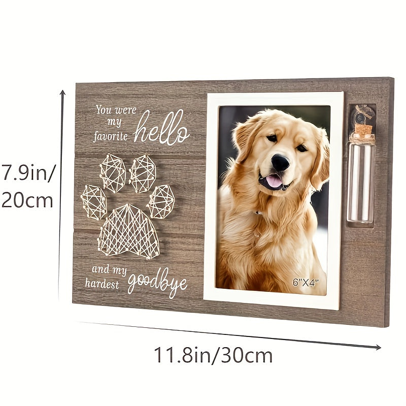 Cadre photo commémoratif en bois pour animaux de compagnie avec empreinte de patte en fil métallique et bouteille en verre pouvant contenir les poils de votre compagnon disparu