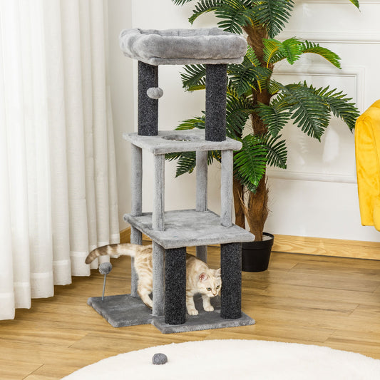 Arbre à chat avec nids, plateformes, lit, balles, feutre lavable et amovible, peluche courte, gris