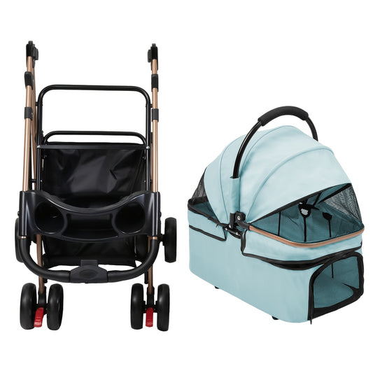 Poussette pour chien et chat, conception pliable, poussette 3 en 1 avec panier couvert, fenêtre en filet, porte-gobelet et roues en caoutchouc durables, idéale pour les longues promenades en extérieur