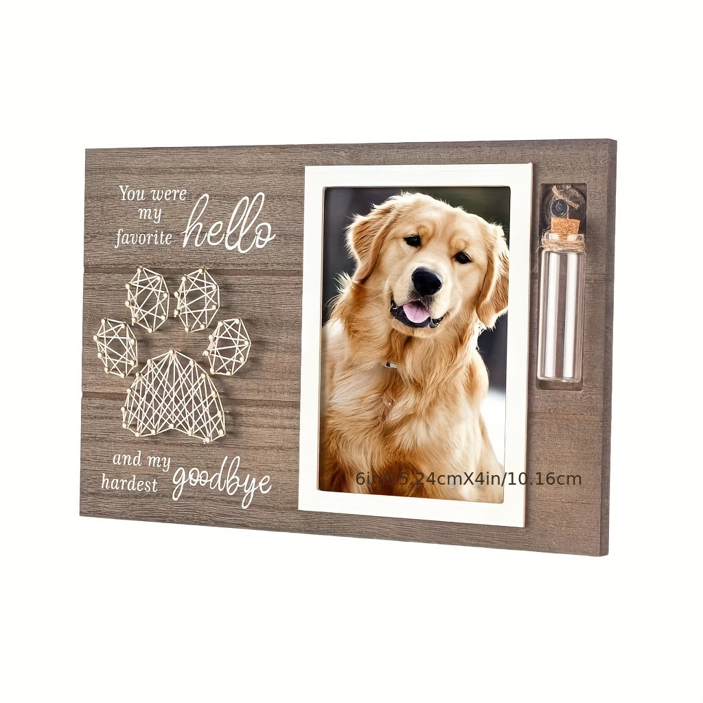 Cadre photo commémoratif en bois pour animaux de compagnie avec empreinte de patte en fil métallique et bouteille en verre pouvant contenir les poils de votre compagnon disparu