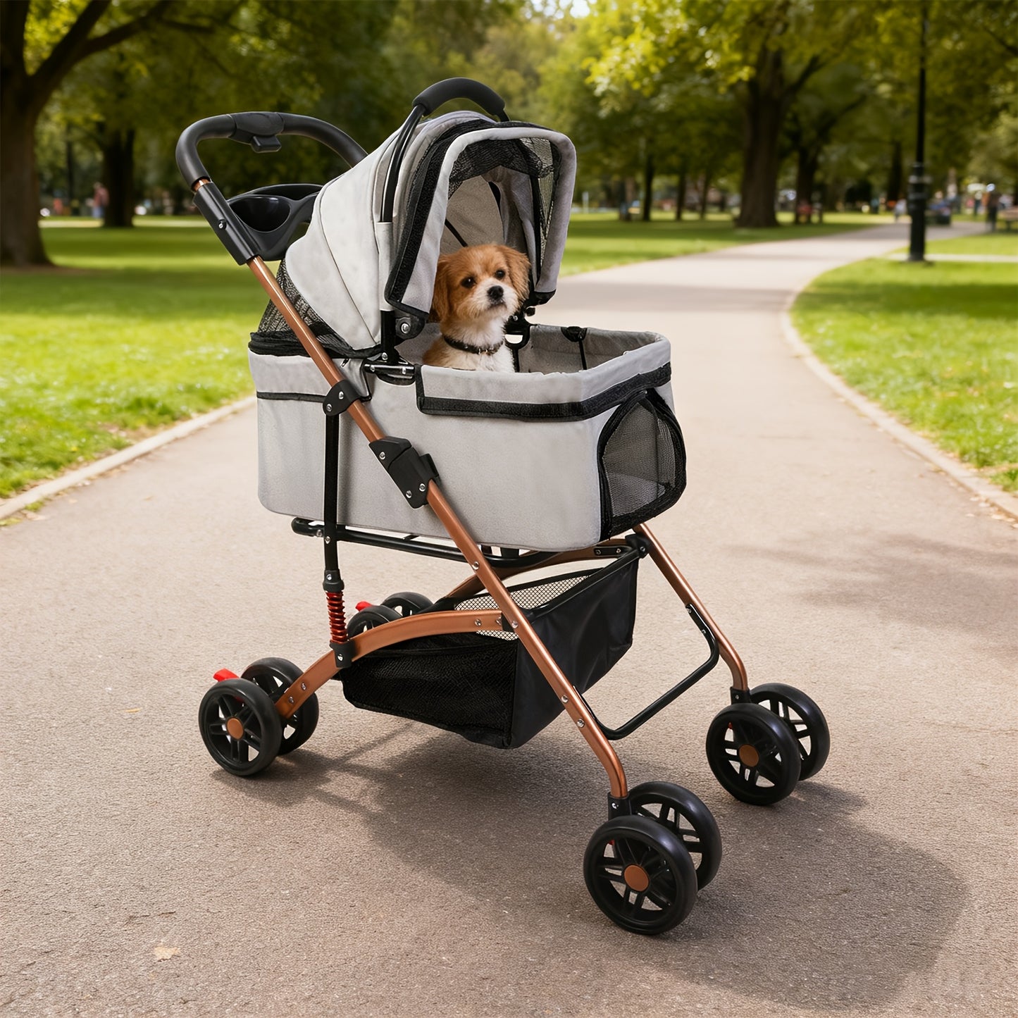 Poussette pour chien et chat 2 en 1, multifonctionnelle avec 4 doubles roues, tout terrain, panier amovible, pliable et compacte, en maille respirante, jusqu'à 25 kg, grise