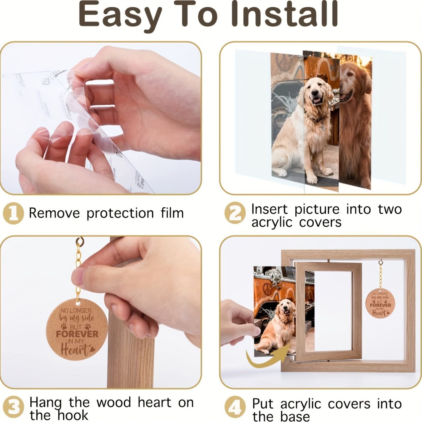 Cadre photo en bois avec pendentif commémoratif pour animaux de compagnie - Double face pour honorer chiens et chats - Un souvenir gravé avec « Forever in My Heart »