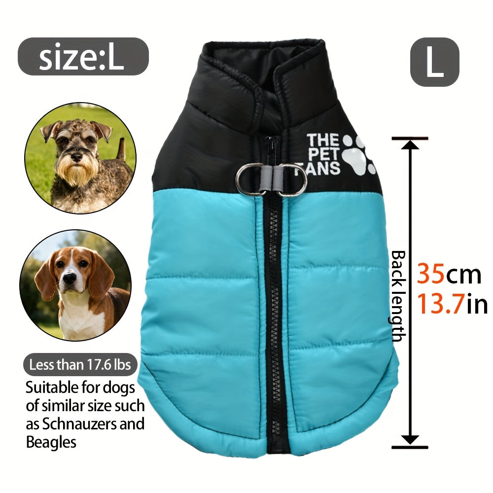 Veste pour chien toutes tailles Manteau d'hiver chaud avec fermeture éclair sur toute la longueur et col imprimé pattes - Turquoise et noir Manteau léger pour chiens de petite, moyenne et grande taille - Pull facile à enfiler et à retirer