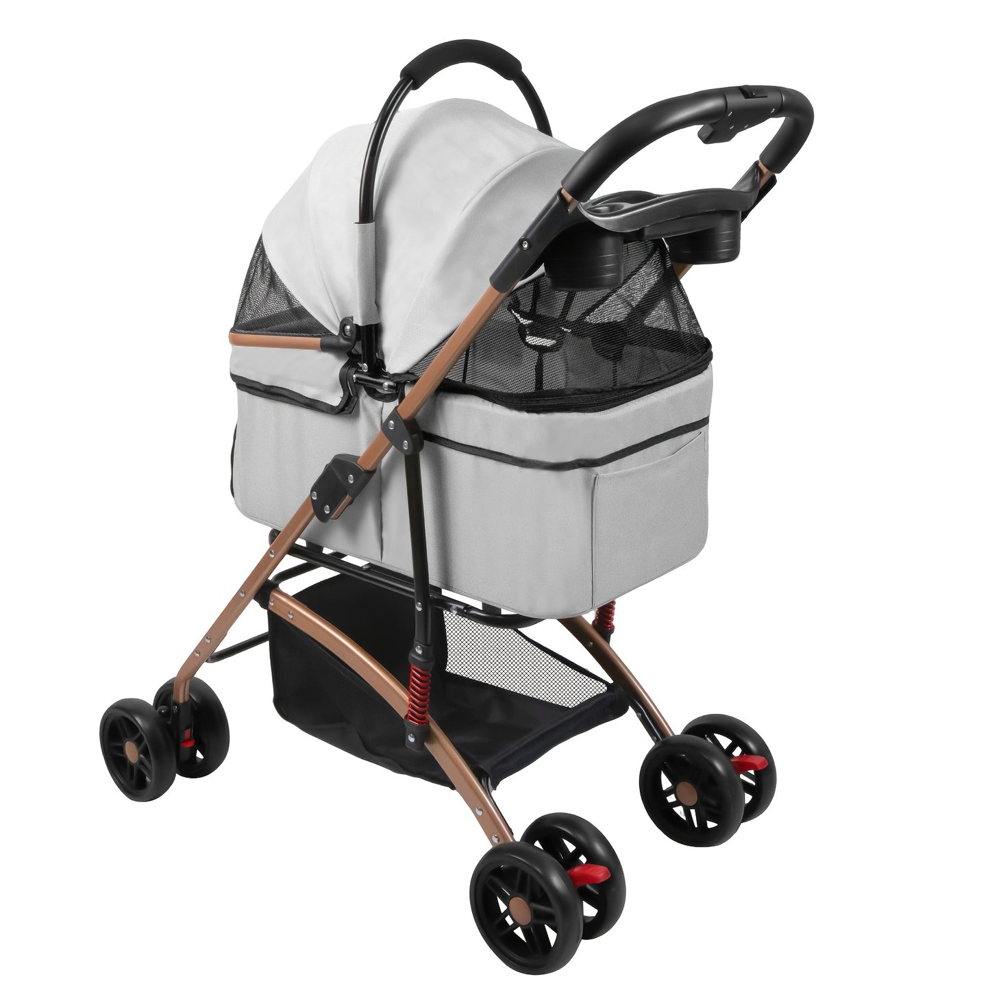 Poussette pour chien et chat 2 en 1, multifonctionnelle avec 4 doubles roues, tout terrain, panier amovible, pliable et compacte, en maille respirante, jusqu'à 25 kg, grise