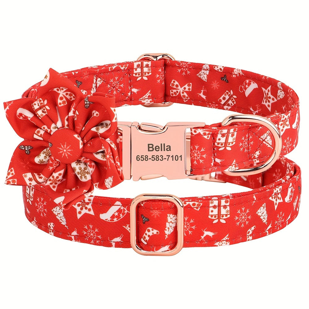 Personalized Small, Medium, Large Dog Collars - Customizable Flower Pattern, Plaid Design, Adjustable, Durable, ID Tag, Pet Name, Gift Idea - Perfect for Christmas, Holiday Season