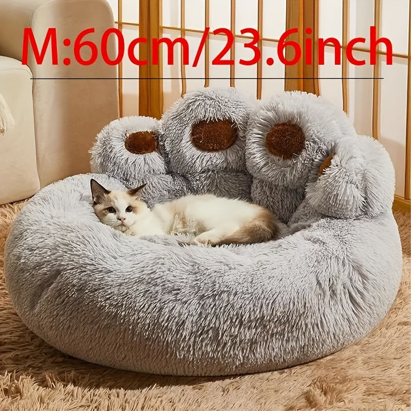 Cozy Paw-Shaped Pet Bed – Plush Faux Fur, Calming Donut Design, Machine Washable – Ideal for Dogs & Cats