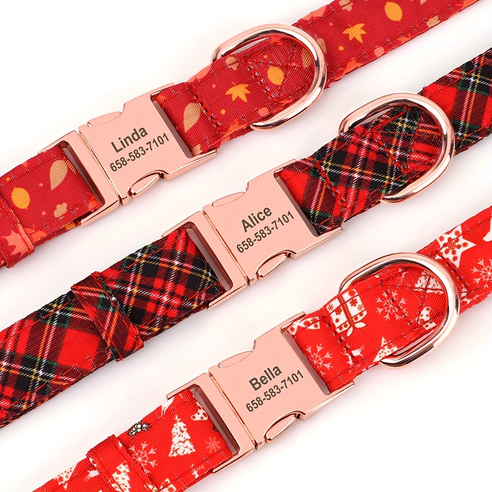 Personalized Small, Medium, Large Dog Collars - Customizable Flower Pattern, Plaid Design, Adjustable, Durable, ID Tag, Pet Name, Gift Idea - Perfect for Christmas, Holiday Season