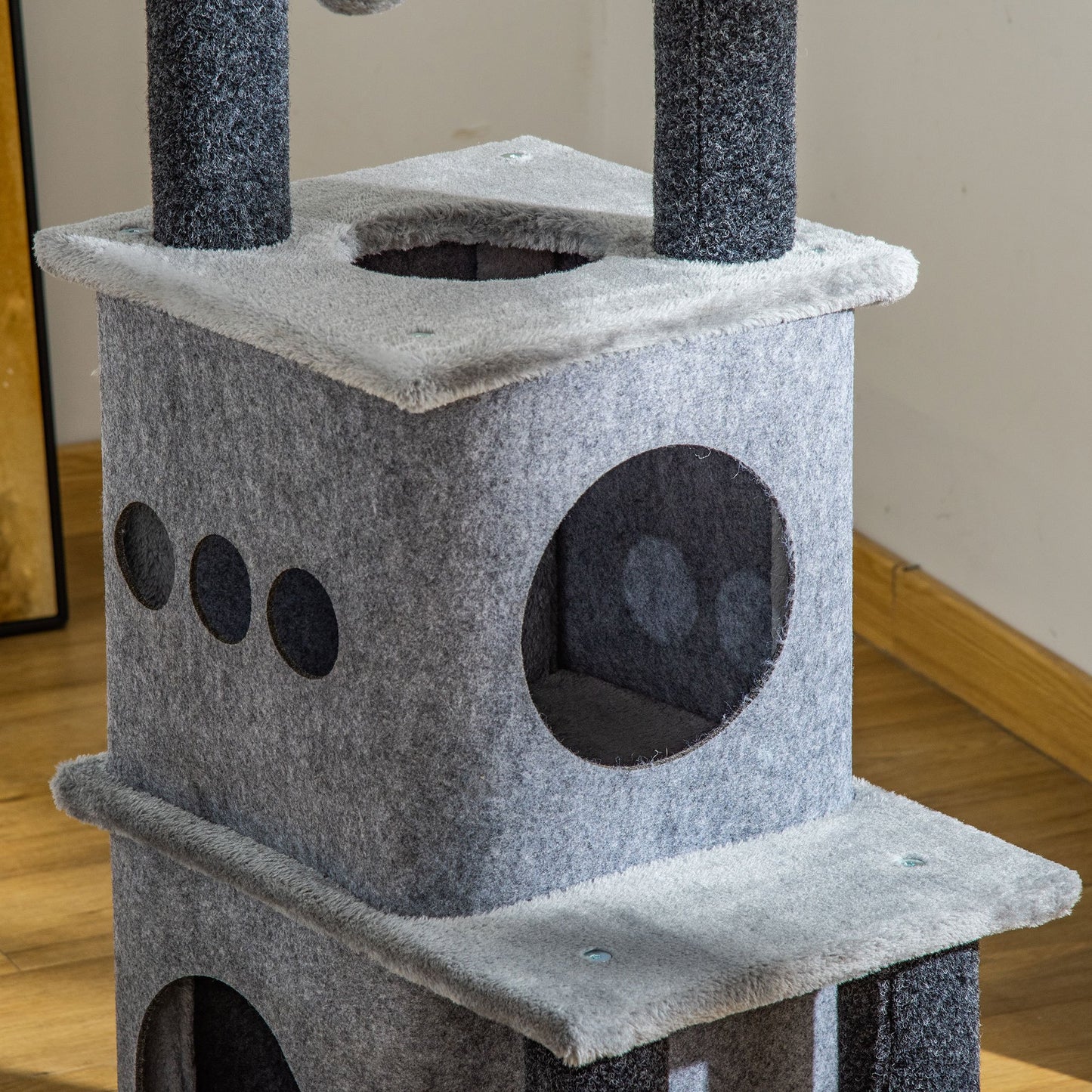 Arbre à chat avec nids, plateformes, lit, balles, feutre lavable et amovible, peluche courte, gris