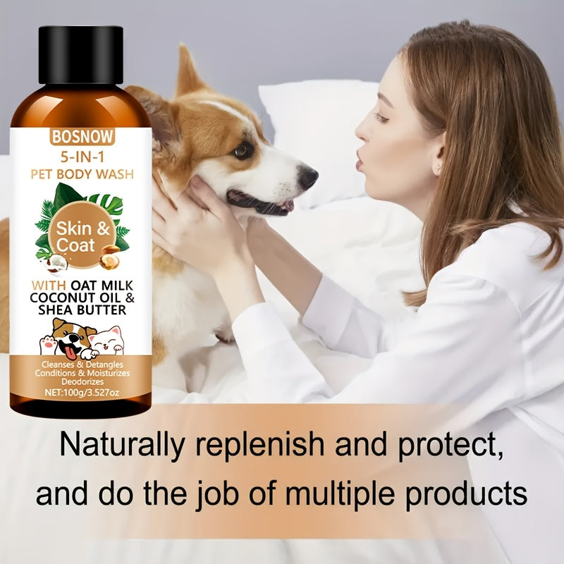 Gel douche 5 en 1 pour animaux, nettoyage doux à l'avoine, à l'huile de coco et au beurre de karité, parfum rafraîchissant, soin des poils, pelage lisse et brillant, facile à peigner, douceur longue durée - Convient à tous les animaux, stade adulte