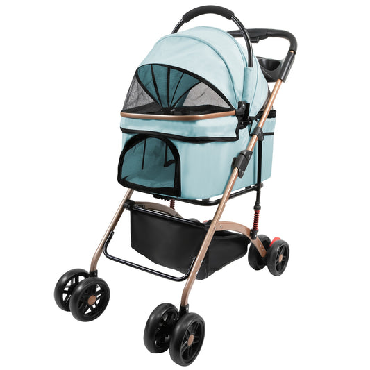 Poussette pour chien et chat, conception pliable, poussette 3 en 1 avec panier couvert, fenêtre en filet, porte-gobelet et roues en caoutchouc durables, idéale pour les longues promenades en extérieur