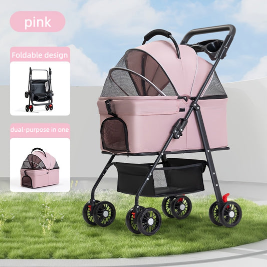 Poussette pour chien et chat 2 en 1, multifonctionnelle avec 4 doubles roues, tout terrain, panier amovible, pliable et compacte, en maille respirante, diverses couleurs