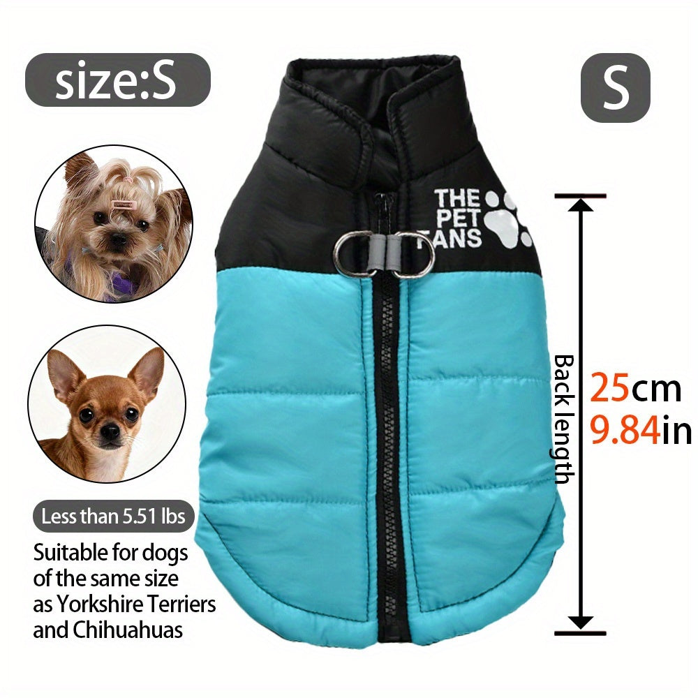 Veste pour chien toutes tailles Manteau d'hiver chaud avec fermeture éclair sur toute la longueur et col imprimé pattes - Turquoise et noir Manteau léger pour chiens de petite, moyenne et grande taille - Pull facile à enfiler et à retirer