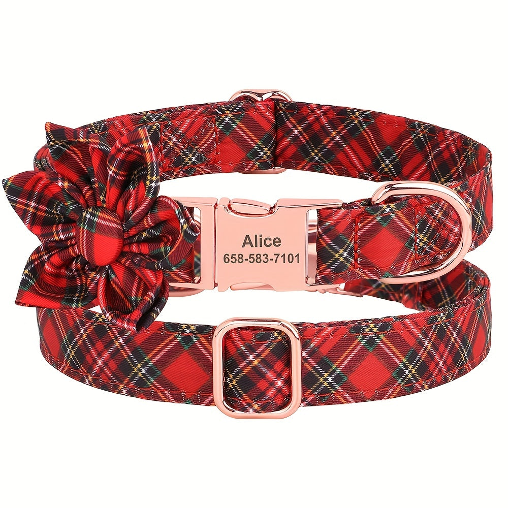 Personalized Small, Medium, Large Dog Collars - Customizable Flower Pattern, Plaid Design, Adjustable, Durable, ID Tag, Pet Name, Gift Idea - Perfect for Christmas, Holiday Season