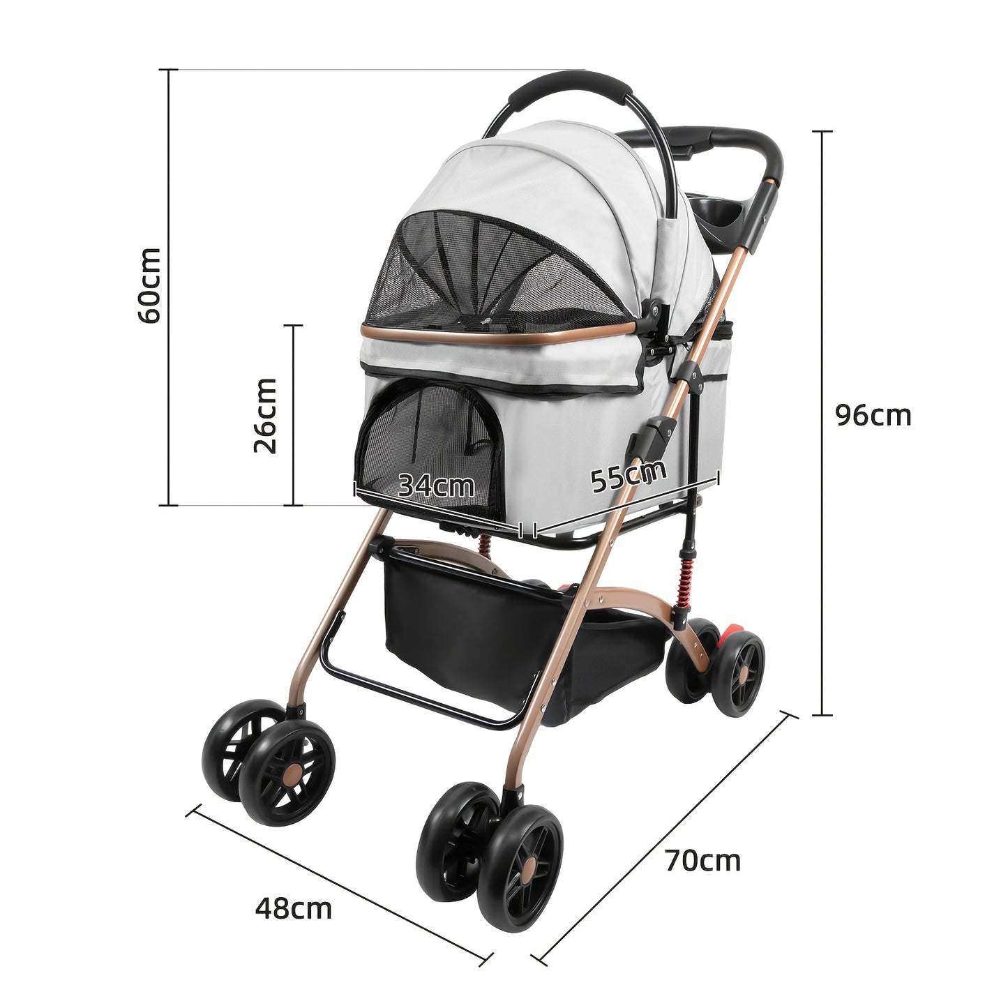 Poussette pour chien et chat 2 en 1, multifonctionnelle avec 4 doubles roues, tout terrain, panier amovible, pliable et compacte, en maille respirante, jusqu'à 25 kg, grise