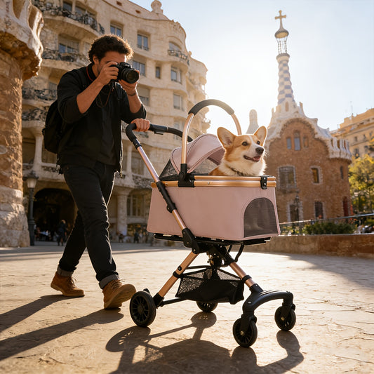Poussette pliable et confortable, conception entièrement fermée et respirante. Elle est dotée d'un système de pliage à un seul bouton, de roues pivotantes à 360° et de roues directionnelles pour un double plaisir. Rose