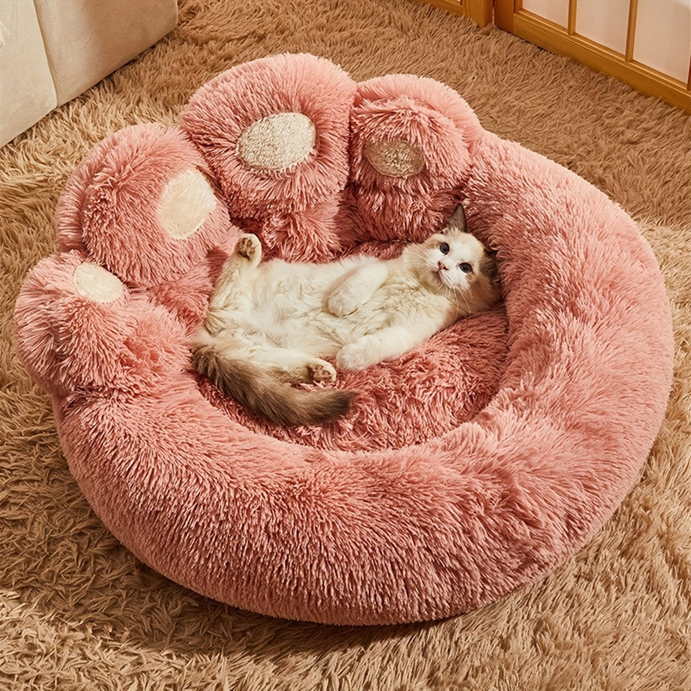 Cozy Paw-Shaped Pet Bed – Plush Faux Fur, Calming Donut Design, Machine Washable – Ideal for Dogs & Cats