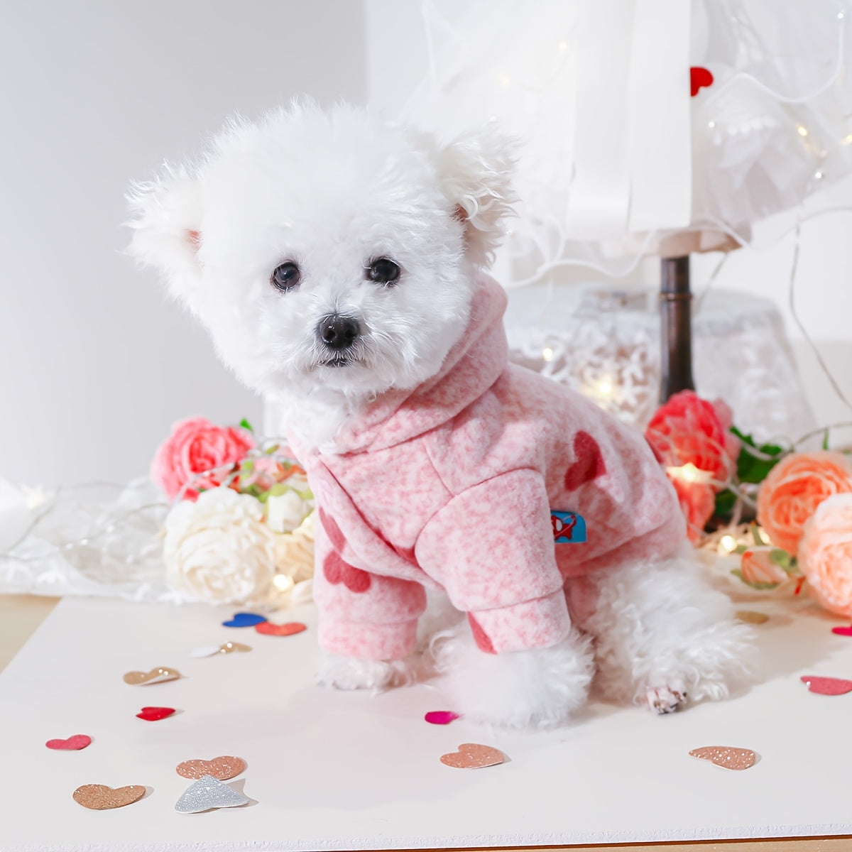 Sweat rose à capuche – Petits cœurs rouges – photo produit 6