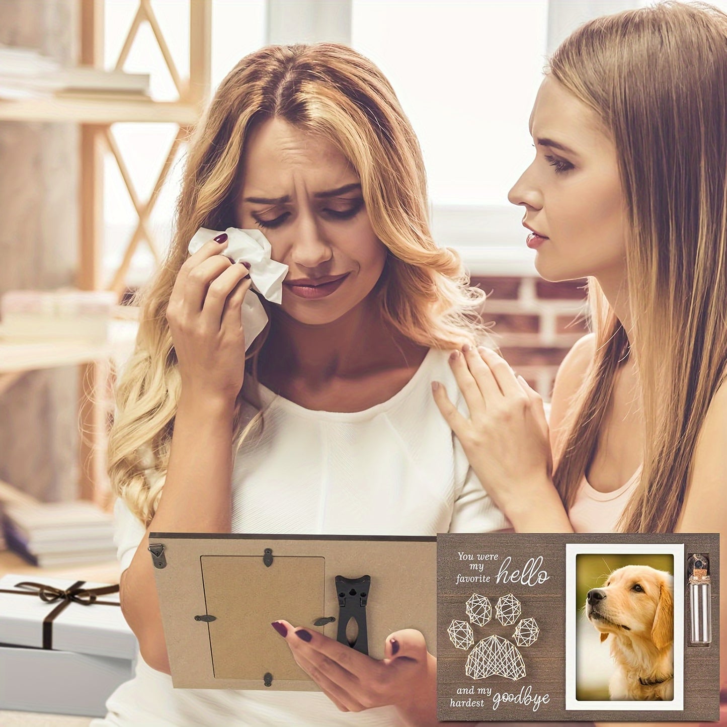 Cadre photo commémoratif en bois pour animaux de compagnie avec empreinte de patte en fil métallique et bouteille en verre pouvant contenir les poils de votre compagnon disparu