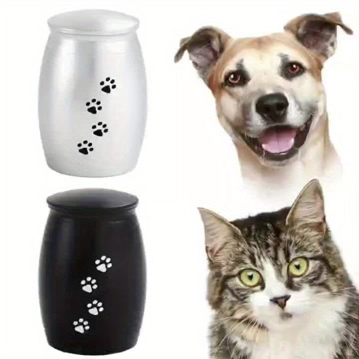 Paire d'urnes funéraires miniatures noires et argentées pour animaux de compagnie - Contenants en aluminium pour les cendres et les poils de chiens ou de chats, ornées d'une empreinte de patte