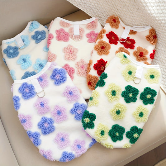 Pull en polaire pour chien, léger et bien chaud, motif de fleur colorées, anneau intégrer pour attacher une laisse, diverses couleurs
