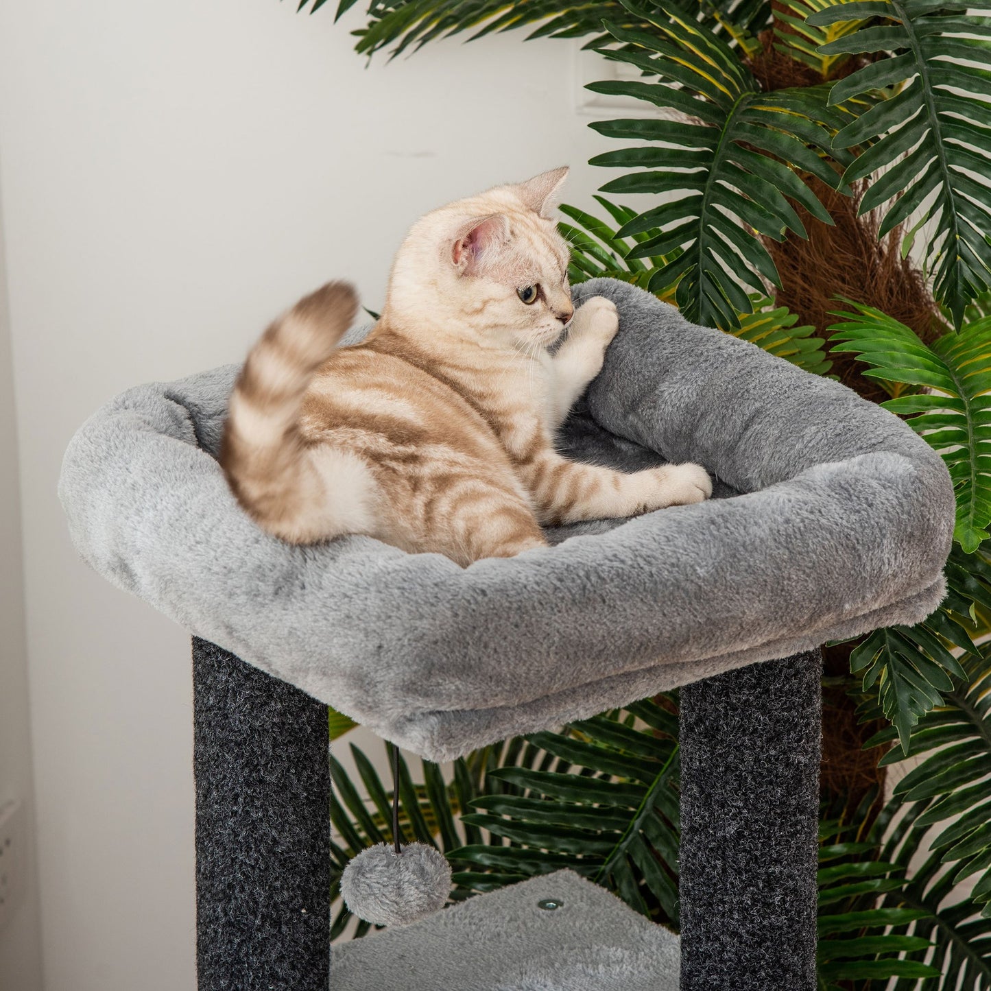 Arbre à chat avec nids, plateformes, lit, balles, feutre lavable et amovible, peluche courte, gris
