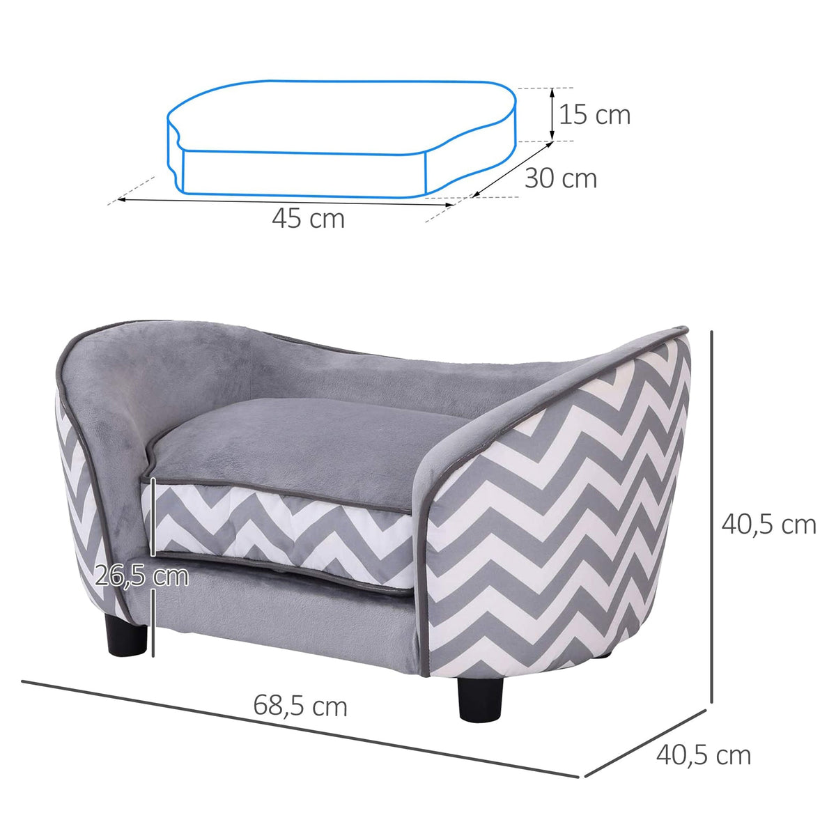 Canapé rembourré gris & blanc – Chien & chat – photo produit 3