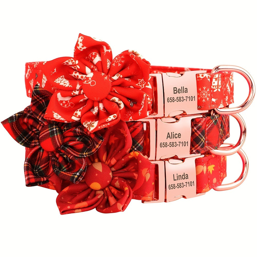 Personalized Small, Medium, Large Dog Collars - Customizable Flower Pattern, Plaid Design, Adjustable, Durable, ID Tag, Pet Name, Gift Idea - Perfect for Christmas, Holiday Season