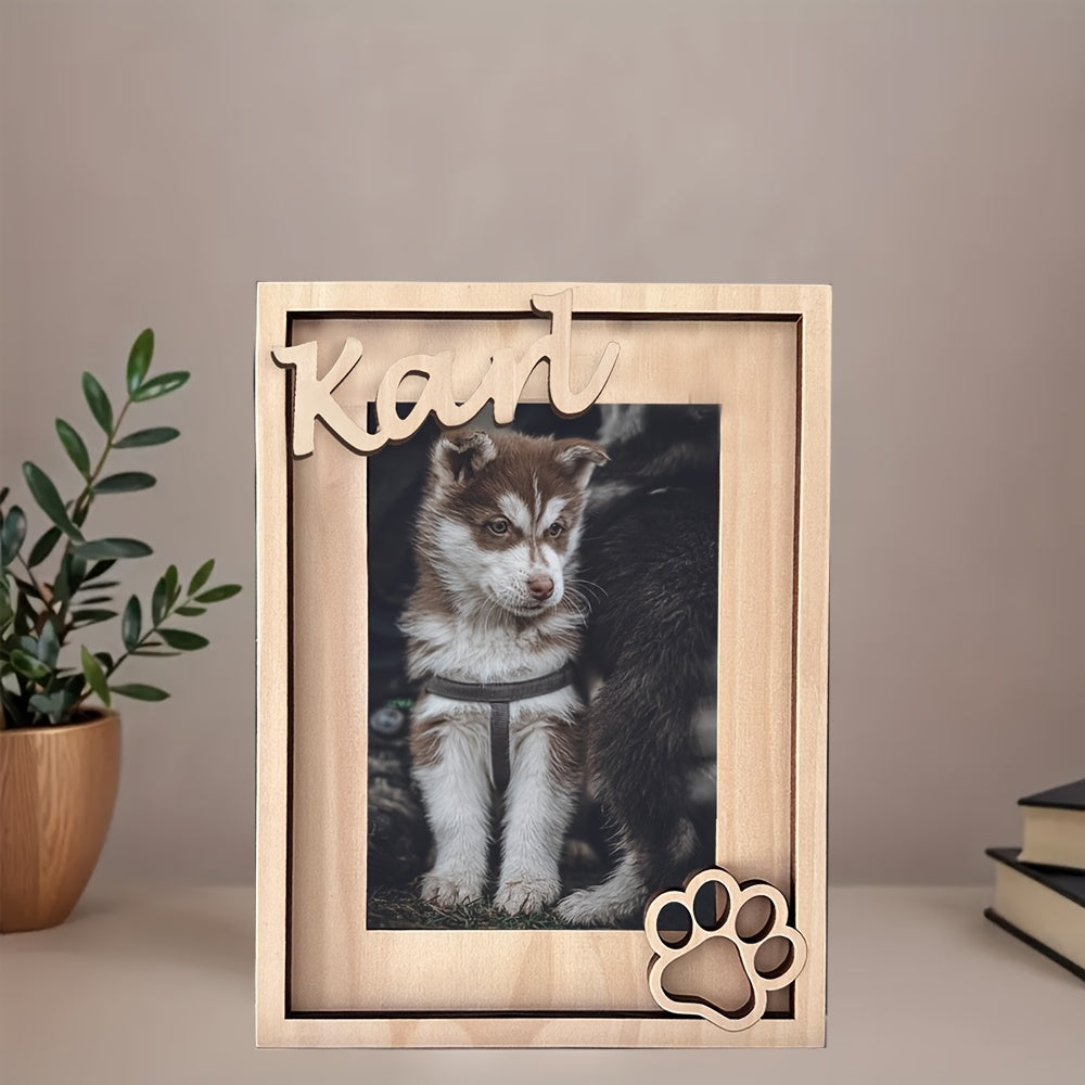 Cadre photo personnalisé pour animaux de compagnie avec nom et empreinte de pattes, en bois