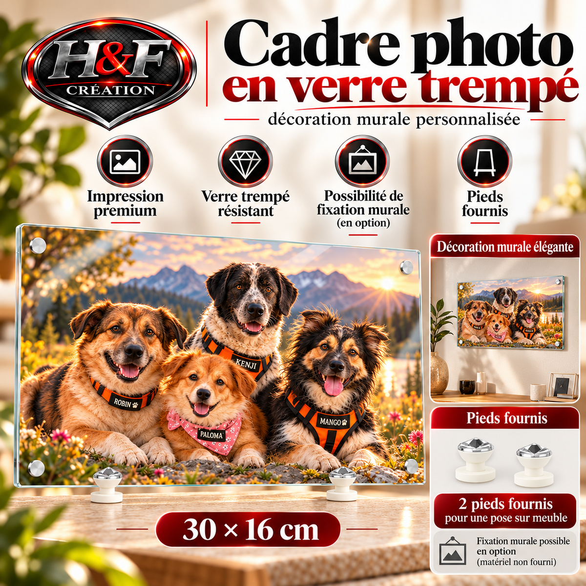 Cadre photo verre trempé 30 × 16 cm
