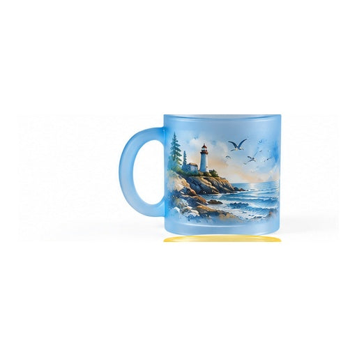 Mug en verre givré bleu – création phare et océan