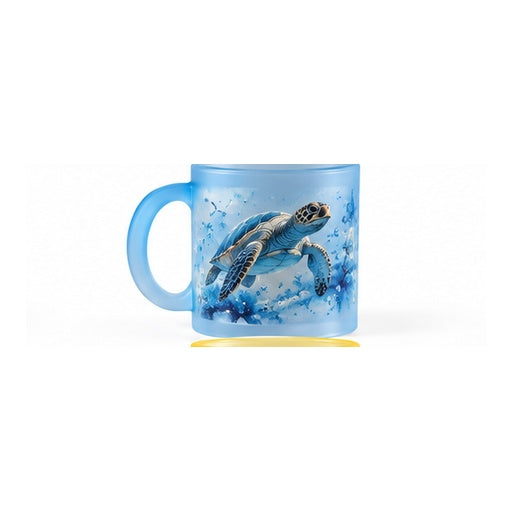 Mug en verre givré bleu – création tortue marine