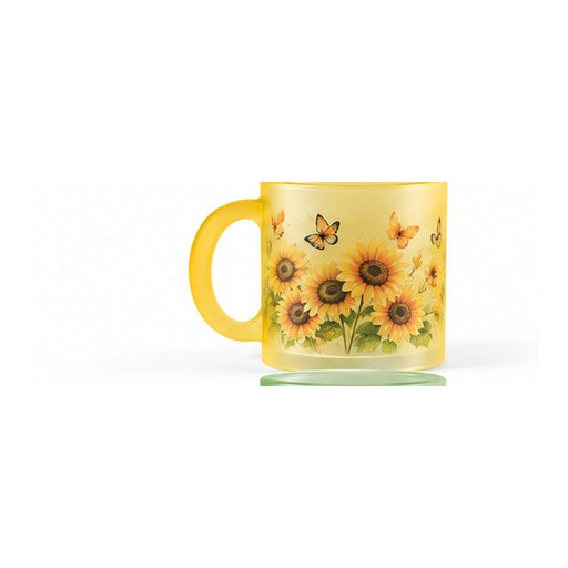 Mug en verre givré jaune – création tournesols